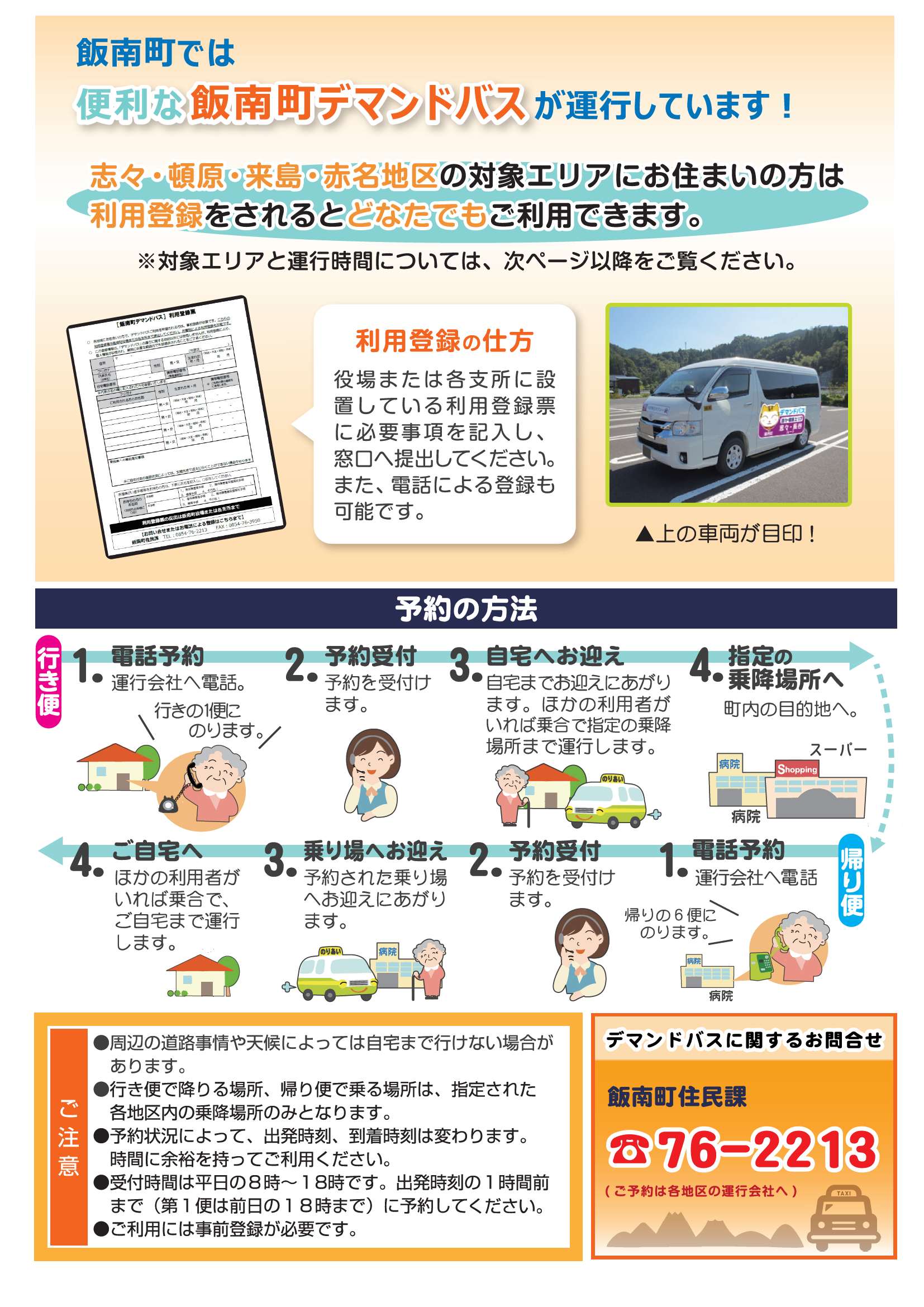 ここには、デマンドバスの申請方法や予約方法を示した画像があります。